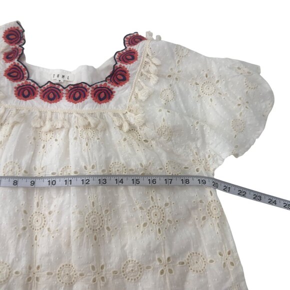 THML Cream Eyelet Short Sleeve Top With Embroidered Neckline Womens SZ M Cotton - Picture 5 of 9